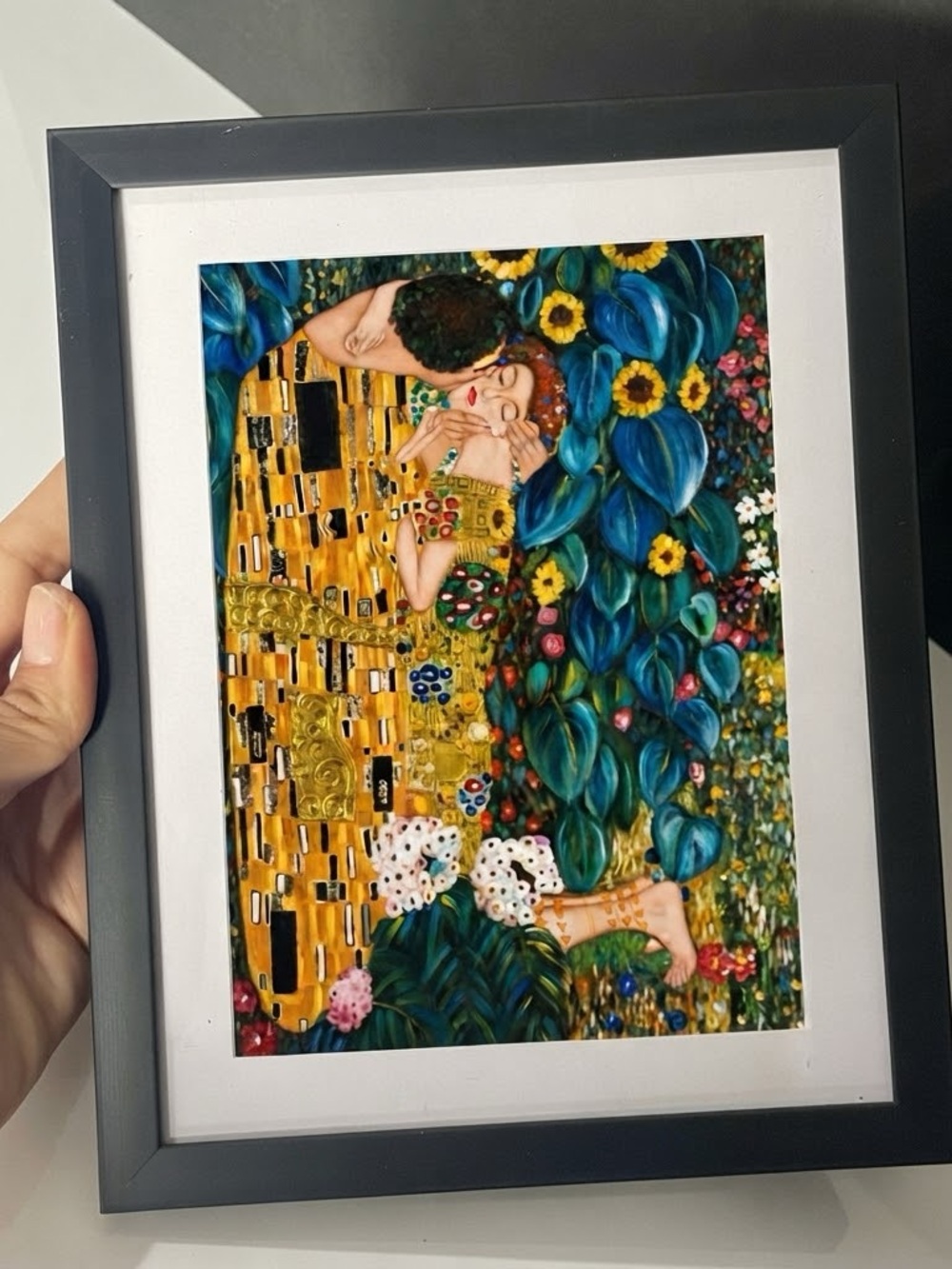 Framed Klimt-inspired “The Kiss” print - bright and colorful artwork